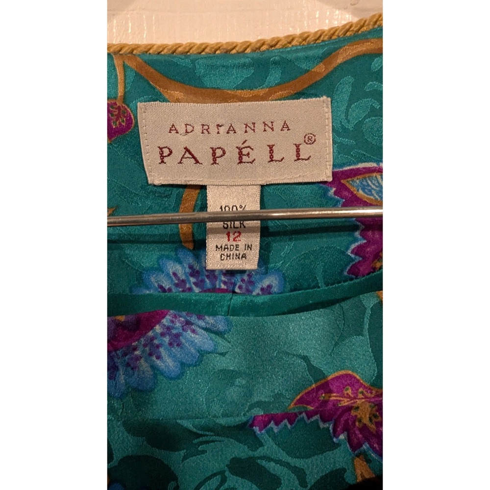 Adrianna Papell Skirt Suit 12 Teal Silk Floral Jacquard Vintage Gold Button 90s - Picture 4 of 8